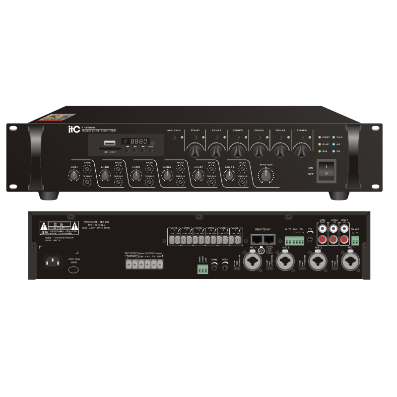 ITC TI-3506S Микширующий усилитель 350Вт, 6 зонный с USB / SD + FM-тюнером и Bluetooth